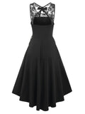 Lace Up High Low Midi Irregular Dress Women Lace Insert Black Sleeveless High Stretch Summer