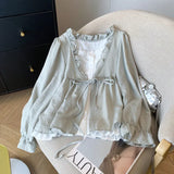 Aesthetic Patchwork Bow Tie Long Sleeve BlouseOutfit