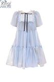 Women's Blue Gauze Mesh Dress Vintage Korean Harajuku Short Sleeve One Piece Lace Midi Dress 2023 Summer Princess Fairy