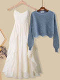 Women Spring Two Pieces Sets Korean Long Sleeve Knitted Sweater Cardigan And Ruffles Patchwork Mesh Long Dress