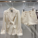 2022 Fall Winter Turn Down Collar Double Breasted Metal Buttons Slim Blazer Tweed Shorts Two Piece Set Women