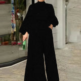 Pattern Printed Wide Leg Pants Office Overall Fashion High Waist Romper Chic New Women Long Sleeve High Collar