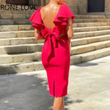 Women Elegant Bowknot Backless Ruffle Sleeves Midi Hollow out Bodycon Red