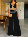 Piece Set With Pants Summer Elegant Solid Women Deep V Square Collar Sexy Short Top Wide Leg Pants Suit Office Lady