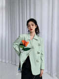 Spring 2022 Mint Green Coat Jackets Blazers For Women Elegant Stylish Floral Patch Hasp Designer Korean Tailored