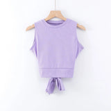 Summer Sleeveless Knitted Tops Solid Color Sports Tops Back Cross Bandage T-shirts