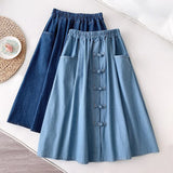 Denim Blue Skirt 2021 Sping Patchwork Lace Skirts Casual Button Front High Waist Bottoms Female Party Skirts