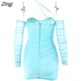 Mesh Strapless Pleated Dress Women Long Sleeve Sexy Off Shoulder Night Club Overalls Elegant Bodycon Backless Mini