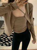 Sexy T-shirt Women Long Sleeve Two Piece Tops Solid Irregual Tank + Cardigan E Girl Crop Tops Spring Fashion Tee