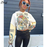 Fall White Graphic T Shirts For Women 2022 Hooded Patchwork Long Sleeve Sweatshirts Tops Female Casual Print