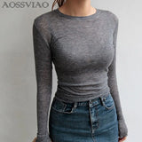 High Quality Plain T Shirt Women Cotton Elastic Basic T-shirts Female Casual Tops Long Sleeve Sexy Thin T-shirt see