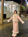 Fashion Faux Fur 2 Piece Skirt Set Women 2023 Winter Elegant Chic Jacket Coats Skirts Sweet Casual Female Clothing