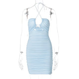 2022 Sleeveless Halter Backless Hollow Out Pleat Bodycon Dress Summer Sexy Women Streetwear Y2K Party Club