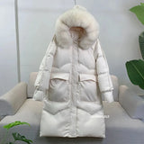Loose Windbreak Long Coat Women Real Natural Fur Hooded Jacket 90% White Duck Down Coat Thick Warm Snow