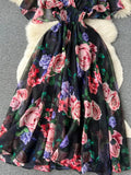 Vintage Black Floral Printed Chiffon Long Dress Elegant V-Neck Short Sleeve High Waist A-Line Maxi Vestidos Female