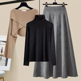 3 Piece Sets Womens Outfits Korean Casual Irregular Knitted Sweater +basic T-shirt +knitting Skirts Set Women