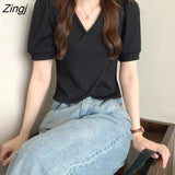 Sleeve Blouse Women V-neck Solid Summer Asymmetrical All-match Simple Basic Elegant Sweet Lady Tops Design Korean