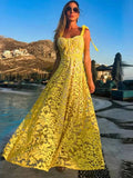 Solid Hook Flower Hollow Lace Women Dress Sleeveless Suspender High Waist A-line Long Dress Fashion Beach Holiday