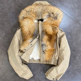 2022 Winter New Long Sleeve Removable Real Fox Fur Hooded Wool Liner Short Jacket Women Crop Coat