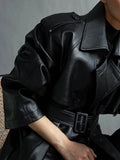 Autumn Extra Long Oversized Black Faux Leather Trench Coat for Women Long Sleeve Belt Double Breasted Loose Fashion
