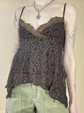 Fairy Grunge Aesthetics Heart Print Brown Cami Tops Y2K Goblincore Lace Trim Patchwork Irregular Hem Slip Top Retro