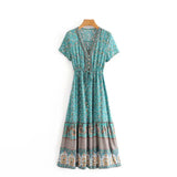 Queens Vintage Floral Print Sashes Beach Robe Bohemian Maxi Dresses Elegant Ladies Cross V Neck Boho Dress