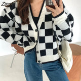 Fashion Harajuku Black and White Patchwork Cardigan Sweater Women Fall Long Sleeve Streetwear Tops Korean Y2k Sweater