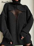Y2K Knitted Pullover Loose Autumn Winter Turtleneck Top Outfits Black 2022 Hollow Out Oversized Jumper Women