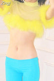 Fur Feather Patchwork Short Sleeve T-shirts Summer Party Y2K Tops 2023 Sexy Women Mesh Sheer See Through Tees