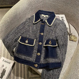 Women Spring Autumn Denim Patchwork Tweed Jacket + High Waist Mini Skirt Set Suit Ladies Slim 2 Piece Set Outfits Matching