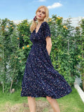 Printed Casual Beach Midi Dresses Women Summer V-neck Short Sleeve Empire Waist A-Line Dress Sundress Vestido Robes