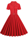 Rockabilly Vintage Belt Party Evening Dress Turn-Down Collar Short Sleeve A-Line Summer Solid Flare Office Elagant