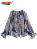 2022 Fashion With Bow Printed Loose Gathered Shirts Vintage V-neckline Long Sleeve Ruffled Female Blouses Blusas Chic