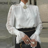Women Solid Elegant Half-High Neck Lace Patchwork Flared Sleeves Hollow out Women White
