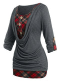 Front Roll Up Sleeve Plaid Tee Faux Twinset Tee 2 In 1 Women Tees 2FerTwofer