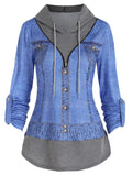 Denim Jacket 3D Print O Ring Zipper Hooded Faux Twinset T Shirt Women False Two Piece Long Sleeve