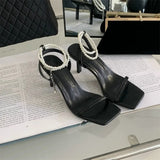 Zingj Heel Sandal 2024 Summer Fairy Wind Square Heels Pearl Chain Word Buckle Sandal