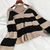 2PCS Set Women Knitted Pullovers Sweater Halter Stripe Knit Jumper Tops + Wide Leg Long Pants Suits