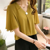 Summer New Korean Loose 4XL Ladies' Tops Short Sleeve Solid Color Blouse Pink Elegant Ruffle Chiffon Blouse Women