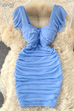 Sexy Draped Bodycon Dress Women Elegant Square Collar Short Sleeve High Waist Mini Vestidos Party Robe 2023