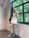 New Summer White Spaghetti Strap Dress for Women Pure Temptation Style Sleeveless Pleated Sexy Short