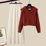 Winter Thick Knit Two Piece Sets Women Outfits Ladies Elegant Twist Knitted Sweater And Wide Leg Pant Sets Women