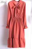 Women Dress Chiffon Elegant Vintage Bow Collar Long Sleeve Autumn Winter Midi Shirt Dresses 2023 Solid Slim Clothes