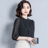 Women Spring Autumn Style Chiffon Blouses Shirts top Lady Casual three quarter O-Neck Polka Dot Printed Chiffon Blusas