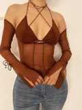 Halter Tie Mesh Patch Top-Outfit