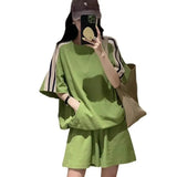 Casual Tracksuit Suit Women 2023 Summer New Loose Short Sleeved O-Neck Top+Wide-Leg Shorts 2-Piece Set Women