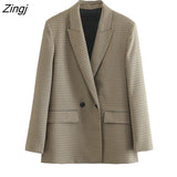 Women Vintage Plaid Print Double Breasted Suit Coat And High Waist Side Zipper Split Midi Skirt Two Piece Sets Mujer