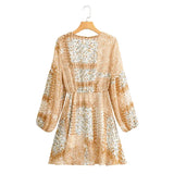Queens Women Chiffon Floral Print Front Button Lining Beach Bohemian Mini Dress Long Sleeve Drawstring Boho