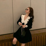 Korean Long Sleeve Mini Dress Women Spring Vintage Slim Vestidos Sweet Female Ruffles Peter Pan Collar Black Velvet