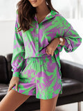 Women Lapel Buttoned Shirts + Pocket Shorts Suits Office Lady Two Piece Sets Retro Pattern Printed Long Sleeve